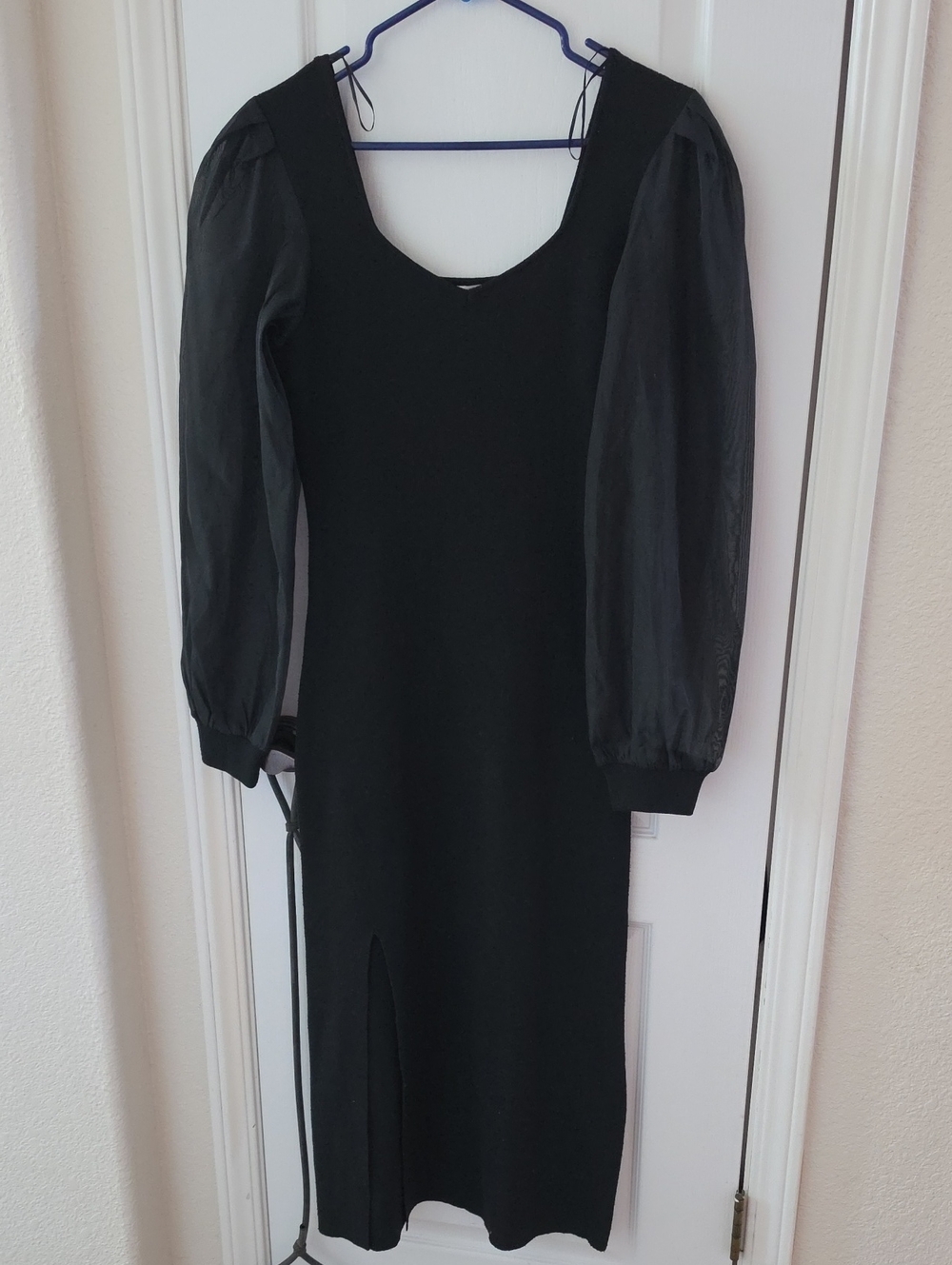 Astr Black Midi Dress with Sheer Puff Sleeves